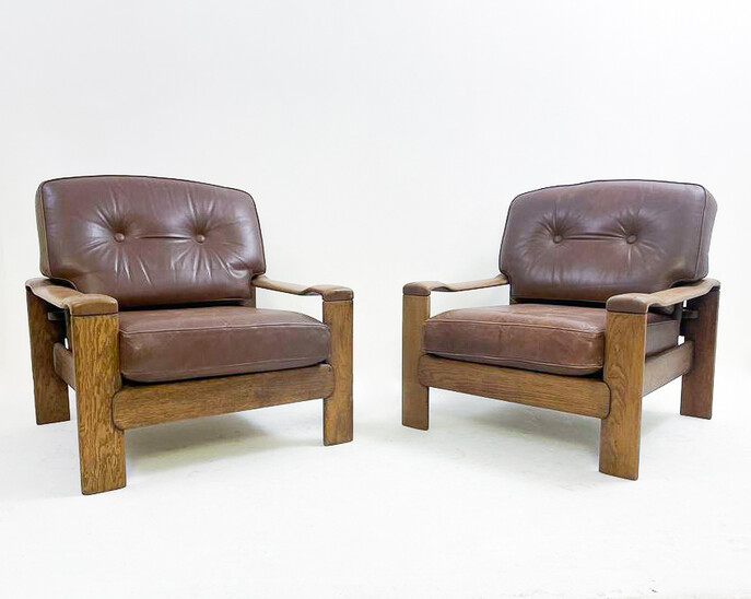Mid-Century Modern Pair of Armchairs, Leather and Oak, 1960s