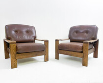 Mid-Century Modern Pair of Armchairs, Leather and Oak, 1960s