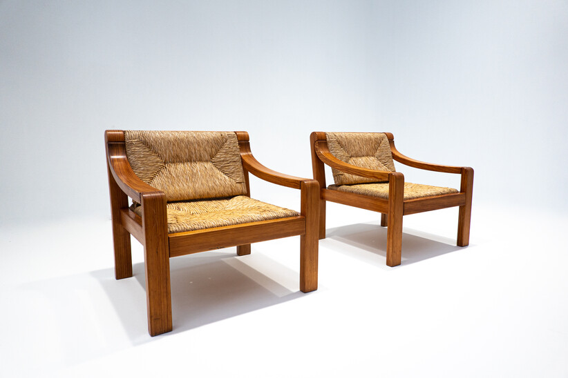 Mid-Century Modern Pair of Armchairs, Pine, Italy, 1960s