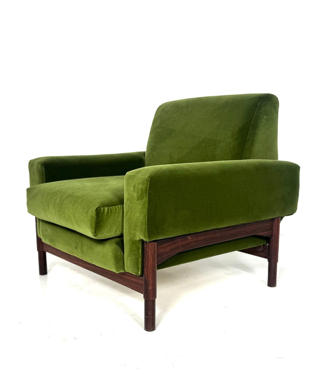 Mid-Century Modern Pair of Armchairs, Wood and Green Velvet, 1960s