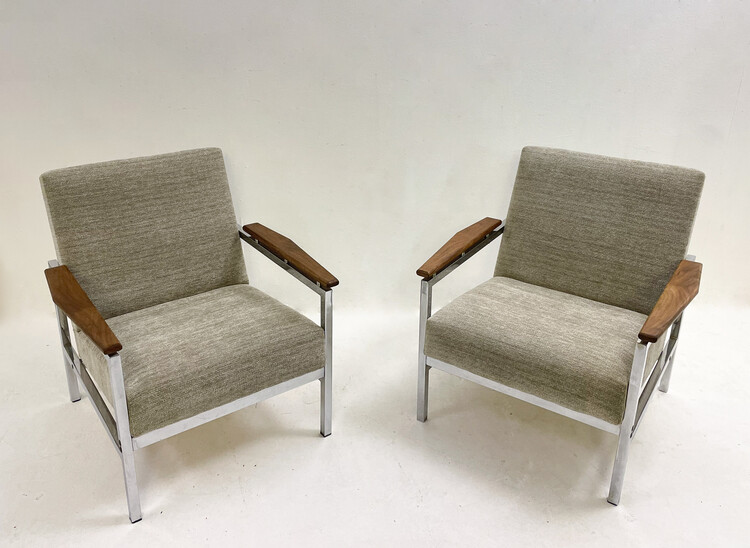 Mid-Century Modern Pair of Armchairs, Wood, metal and Fabric, 1970s