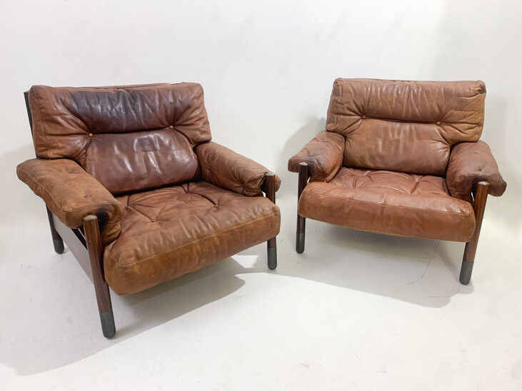 Mid-Century Modern Pair of Cognac Leather Armchairs by Carlo de Carli , Italy, 1960s