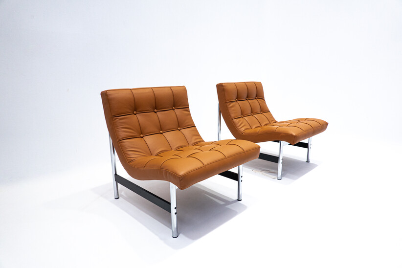 Mid-Century Modern Pair of Italian Armchairs, Cognac Leather, 1970s