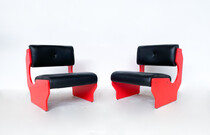 Mid-Century Modern Pair of Italian Armchairs, Red Lacquered Wood and Black Leather, 1980s