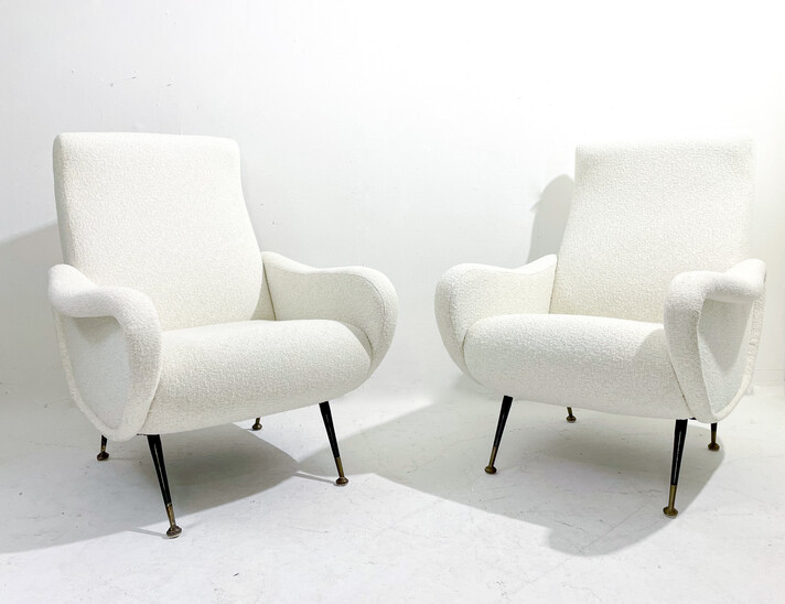 Mid-Century Modern Pair of Italian Armchairs, White Fabric, 1950s