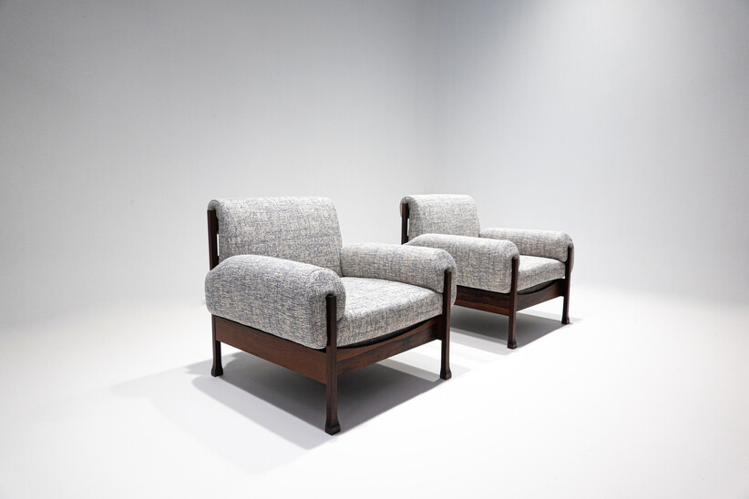 Mid-century Modern Pair of Italian Armchairs, Wood and Fabric, New Upholstery