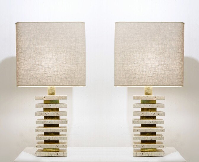 Mid-Century Modern Pair of Italian Travertine and Brass Table Lamps, 1970s