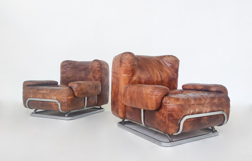 Mid-Century Modern Pair of Leather and Chrome Armchairs, Italy, 1970s - Orignal Leather