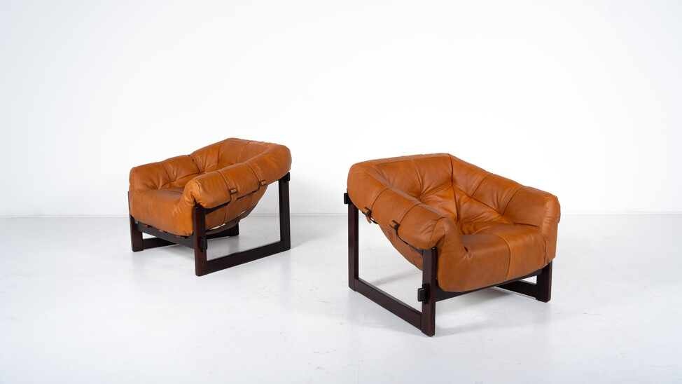 Mid-Century Modern Pair of Percival Lafer Armchairs, Wood and Leather, 1960s