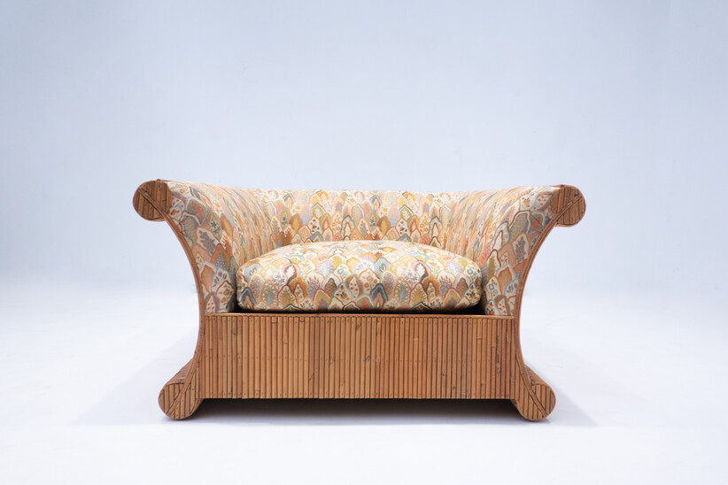 Mid-Century Modern Rattan Armchair, Orignal Fabric, Italy