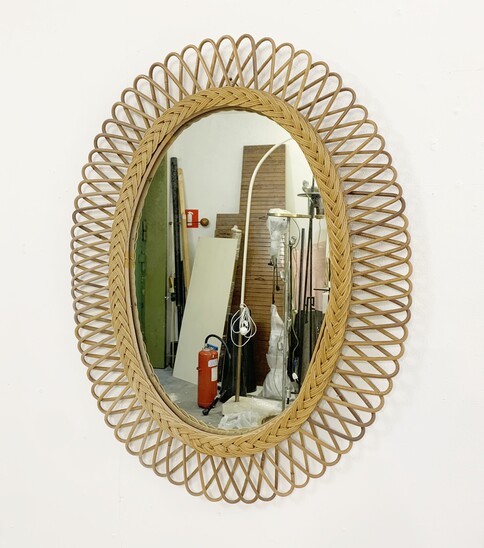 Mid-Century Modern Rattan Mirror,  Italy, 1950s