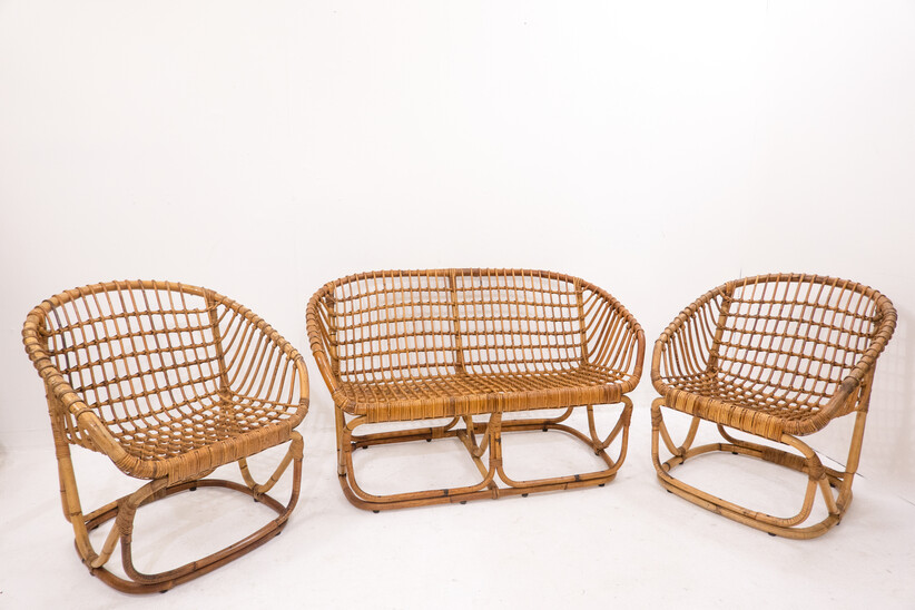 Mid-Century Modern Rattan Sofa and Armchairs Set by Tito Agnoli - Italy 1960s