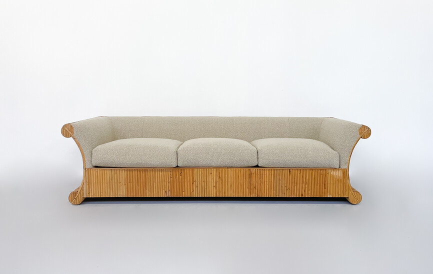 Mid-Century Modern Rattan Three Seater, Beige Boucle Fabric, Italy, 1960s - New Upholstery