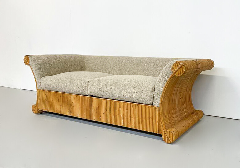 Mid-Century Modern Rattan Two Seater, Beige Boucle Fabric, Italy, 1960s - New Upholstery