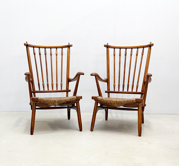 Mid-Century Modern Scandinavian Pair of Armchairs, Wood and Straw, 1960s