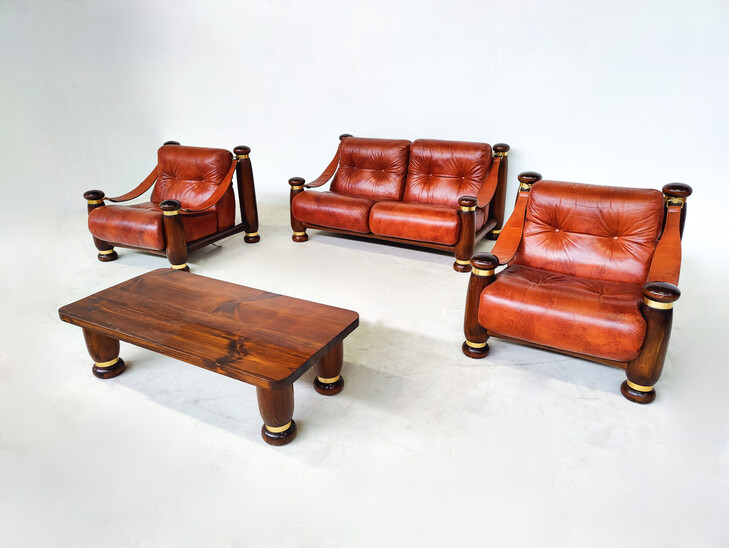 Mid-Century Modern Seating Set, Leather and Wood,Italy,1970s - Original Leather