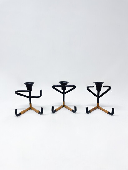 Mid-Century Modern 'See No Evil, Hear No Evil, Speak No Evil ' Metal and Rattan Candleholders by Laurids Lonborg, Denmark, 1960s