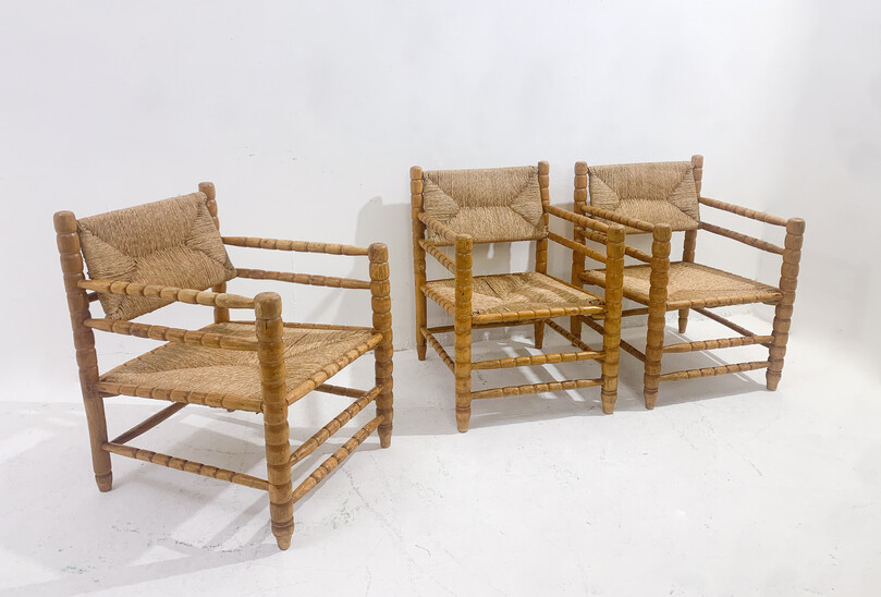 Mid-Century Modern Set of 3 Brutalist Wooden Chairs