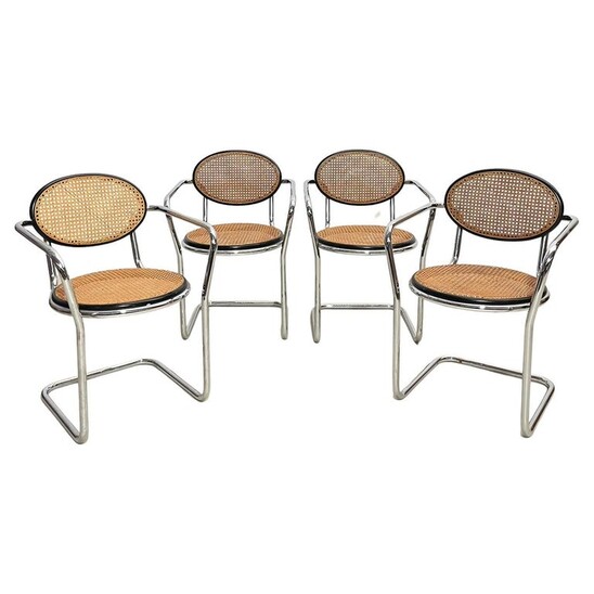 Mid-Century Modern Set of 4 Armchairs Marcel Breuer Style, Cane and Chrome, 1970s