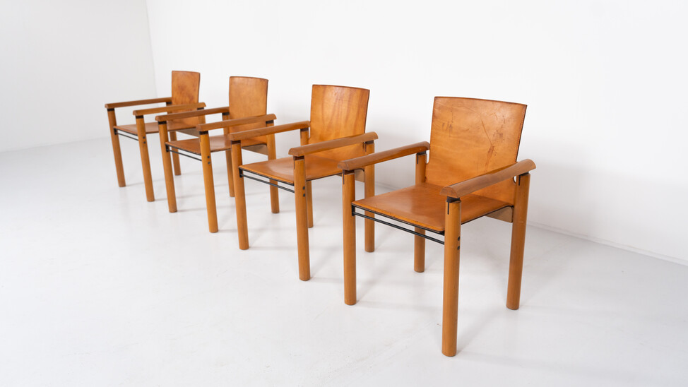 Mid-Century Modern Set of 4 Armchairs, Wood and Leather, Italy, 1960S