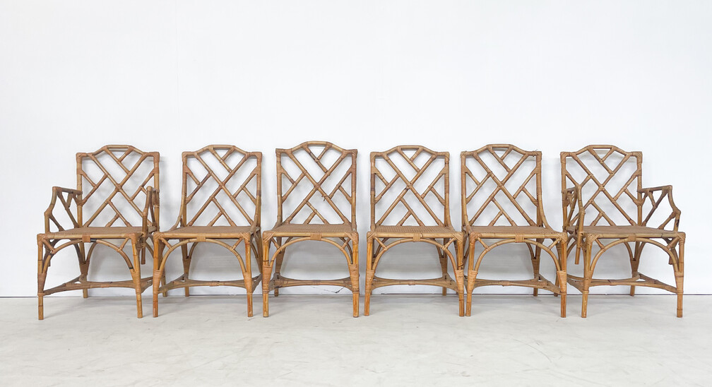 Mid-Century Modern Set of 4 Chairs and 2 Armchairs, Rattan, 1970s