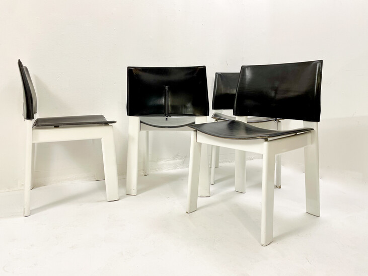 Mid-Century Modern Set of 4 Chairs, Wood and Leather, Italy, 1970s