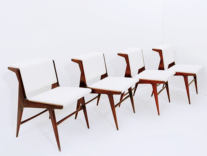 Mid-Century Modern Set of 4 Italian Chairs, Wood and Fabric, 1960s