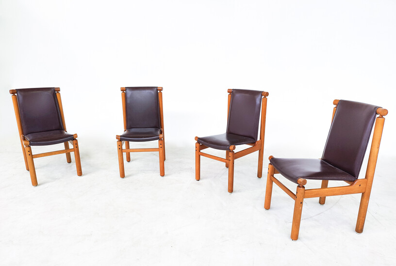 Mid-Century Modern Set of 4 Leather Dining Chairs by Ilmari Tapiovaara, La Permanente Mobili Cantù, 1970s