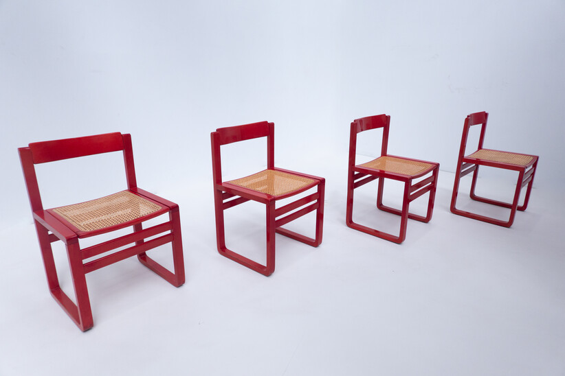 Mid-Century Modern Set of 4 Red Armchairs, Wood, Italy, 1960s
