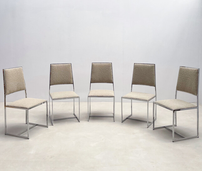 Mid-Century Modern Set of 5 Chairs Willy Rizzo Style, Chrome and Boucle Fabric, Italy, 1970s - New Upholstery