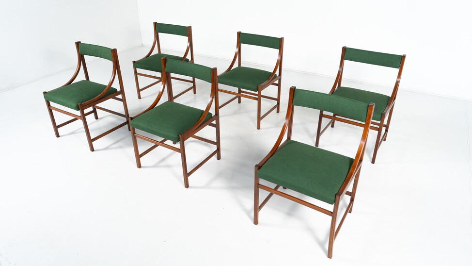 Mid-Century Modern Set of 6 Armchairs, Wood and Fabric, Italy, 1960s