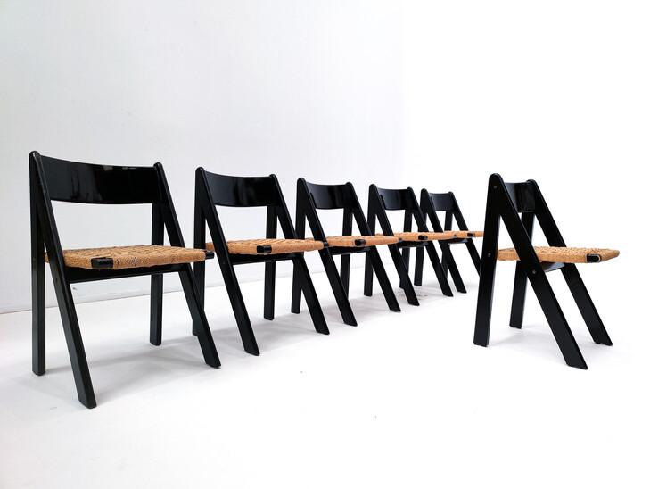 Mid-Century Modern Set of 6 Black Wood and Rope Chairs, Italy, 1960s