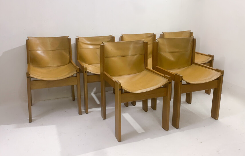 Mid-Century Modern Set of 6 Chairs, Ibisco, Leather and Wood, Italy, 1970s