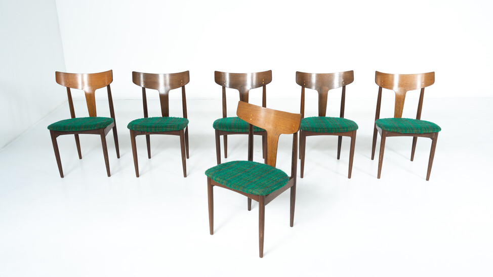 Mid-Century Modern Set of 6 Chairs, Wood and Fabric, Italy - Original Upholstery 
