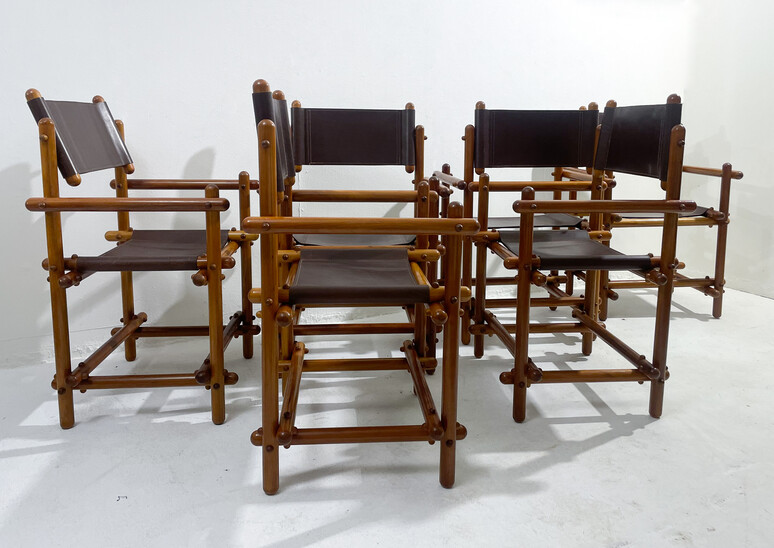 Mid-Century Modern Set of 6 Italian Wood and Leather Chairs, 1960s