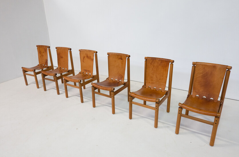 Mid-Century Modern Set of 6 Leather Dining Chairs by Ilmari Tapiovaara for La Permanente Mobili Cantù, 1950s
