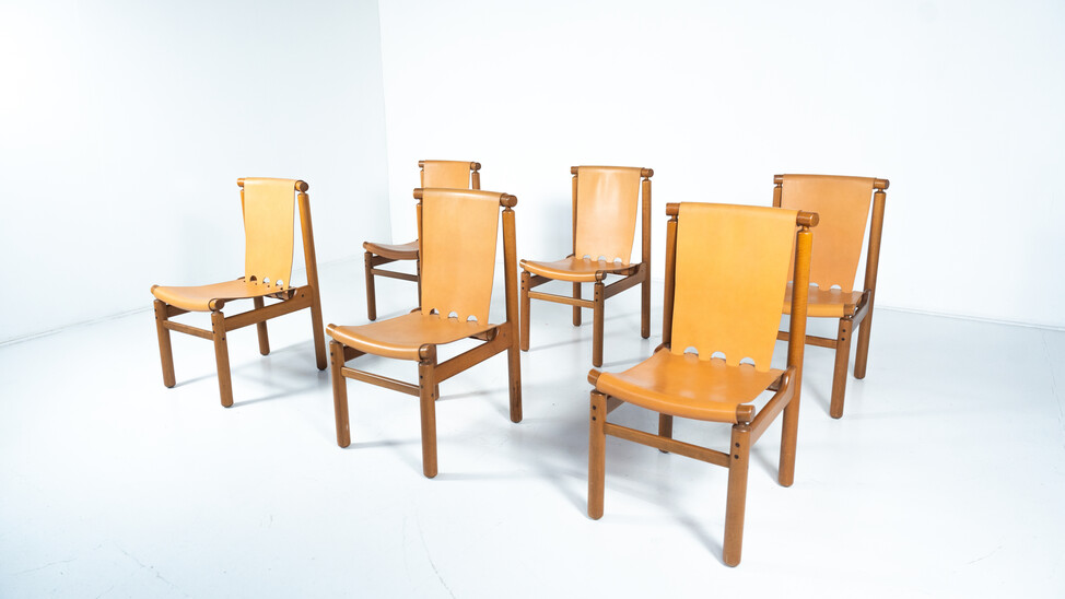 Mid-Century Modern Set of 6 Leather Dining Chairs by Ilmari Tapiovaara for La Permanente Mobili Cantù, 1950s