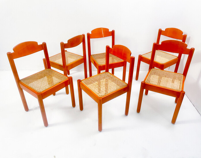 Mid-Century Modern Set of 6 Orange Chairs, Wood, Italy, 1960s