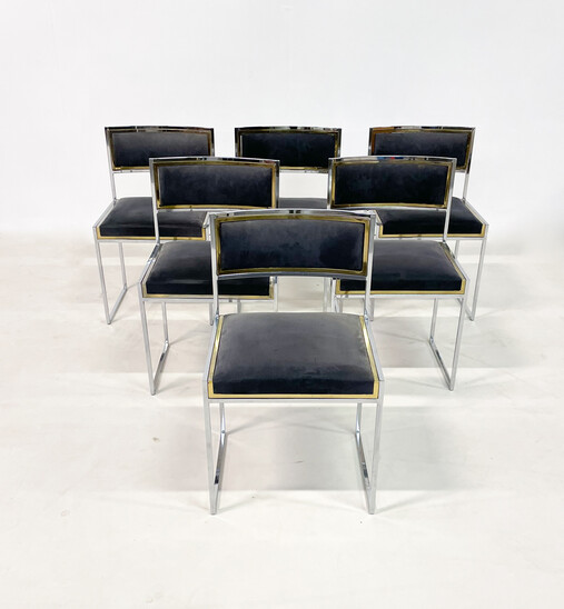 Mid-Century Modern Set of 6 Willy Rizzo Dining Chairs, Italy, 1970s -Original Upholstery