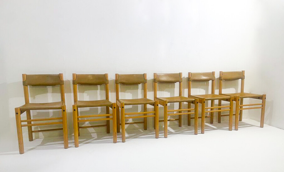 Mid-Century Modern Set of 6 Wood and Leather Chairs, Italy, 1960s