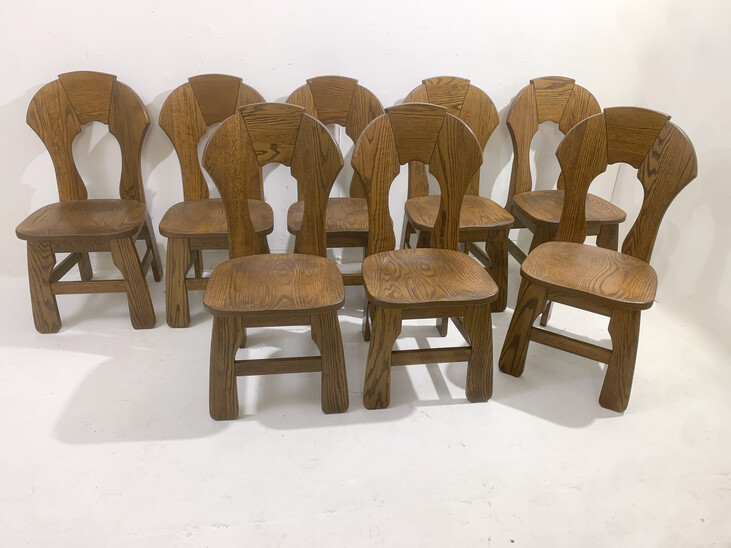 Mid-Century Modern Set of 8 Brutalist Wooden Chairs