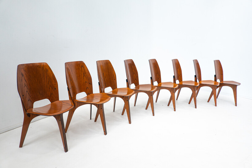 Mid-Century Modern Set of 8 Three-Legged  Chairs by Eugenio Gerli for Tecno Milano, Ash Wood, 1958, Italy