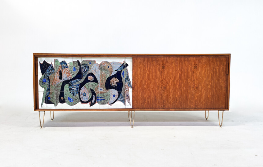 Mid-Century Modern Sideboard by Alfred Hendrickx for Belform, Wood and Ceramic Tiles, Belgium, 1960s
