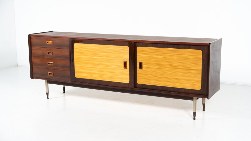 Mid-Century Modern Sideboard, Wood and Wicker, Italy