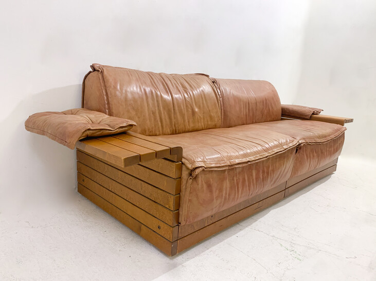 Mid-Century Modern Sofa with Matching Coffee Table, Wood and Leather, 1960s