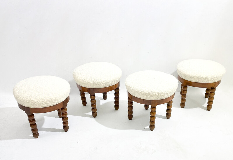 Mid-Century Modern Stool, Oak and White Boucle Fabric, 1970s - 2 available