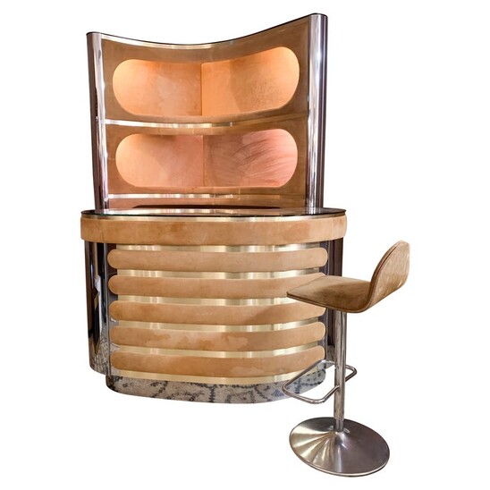 Mid-Century Modern Suede Bar by Willy Rizzo with One Stool - Italy 1970s