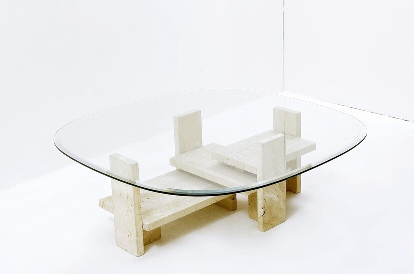 Mid Century Modern Travertine coffee Table by Willy Ballez - Bevel Edge Glass Top