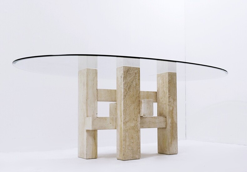 Mid Century Modern Travertine Dining Table by Willy Ballez - Bevel Edge Glass Top