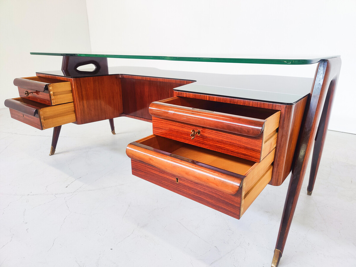 Mid-Century Modern Vittorio Dassi Desk, Wood and Glass, 1950s